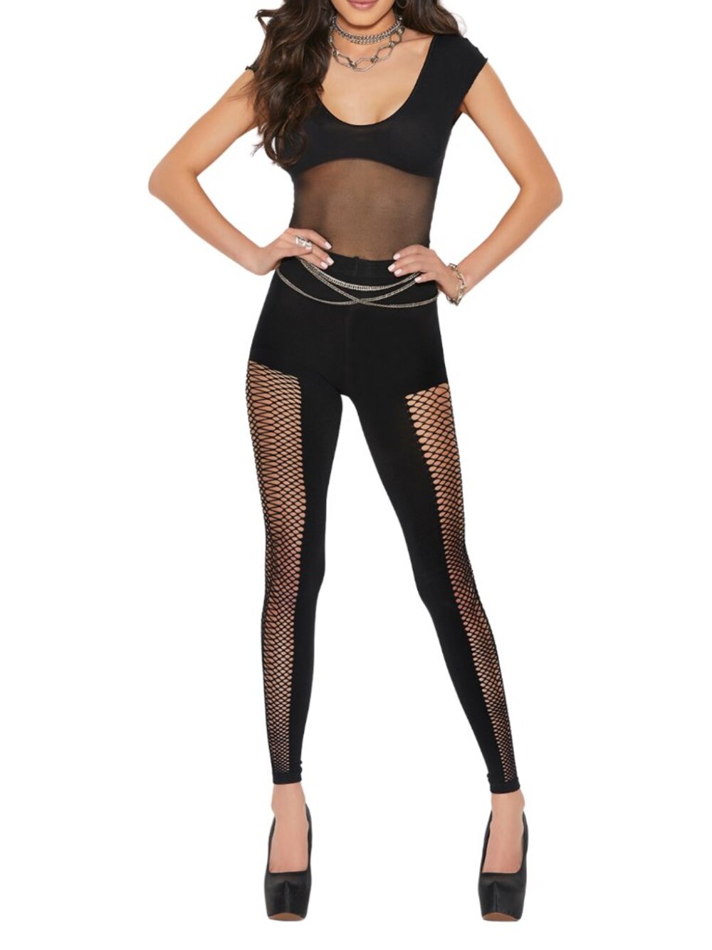 Sheer Opaque Footless Bodystocking Fence Net Lingerie